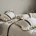 法式复古风奶油系冬季加厚牛奶绒提花四件套保暖蕾丝花边被套床品