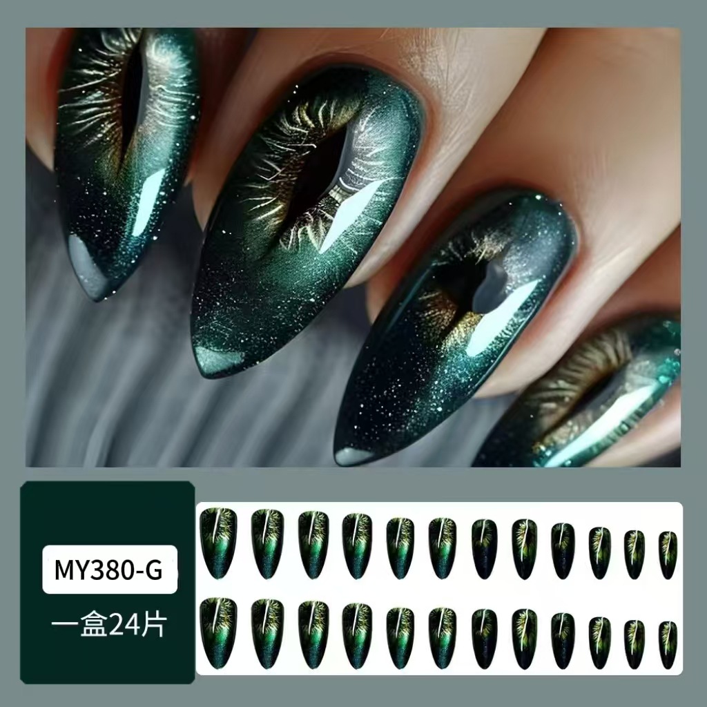 Ojos de gato transfronterizos verde oscuro gradiente desgaste de uñas europeas y americanas viento oscuro almendras uñas falsas 24 piezas de manicure al por mayor