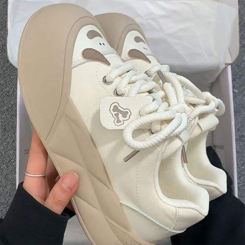Cute Niche Canvas Shoes for Women, 2026 Spring New Style, White Shoes, Thick-Soled Shoes, Casual Sneakers, Trendy Shoes