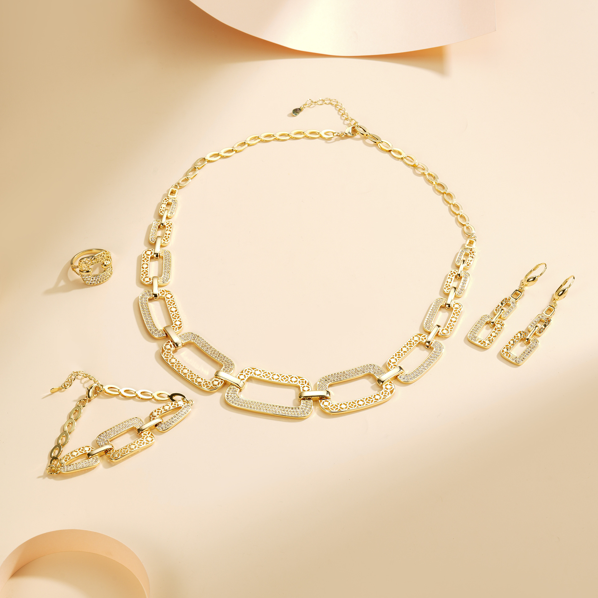 Hip-hop transfronterizo conjunto de joyas exageradas pulseras de bronce de aluminio anillo de brazalete pendientes collar de textura superior conjunto de cuatro piezas image 4