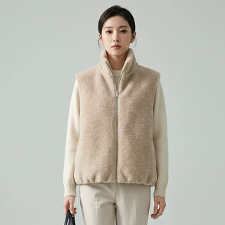 秋冬简约立领拉链羊毛坎肩毛质感短款纯色百搭内搭外穿针织毛呢