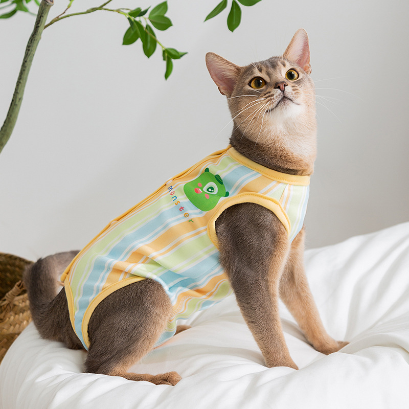 Gatos de dibujos animados a rayas monstruos esterilización ropa de destete transpirable cuatro estaciones ropa postoperatoria ropa de gato mascota