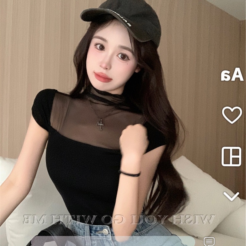 2023 Black Half-high Neck Short-sleeved T-shirt Women's Summer Spice Girls Mesh Stitching Chic Sexy Elegant Slim Top