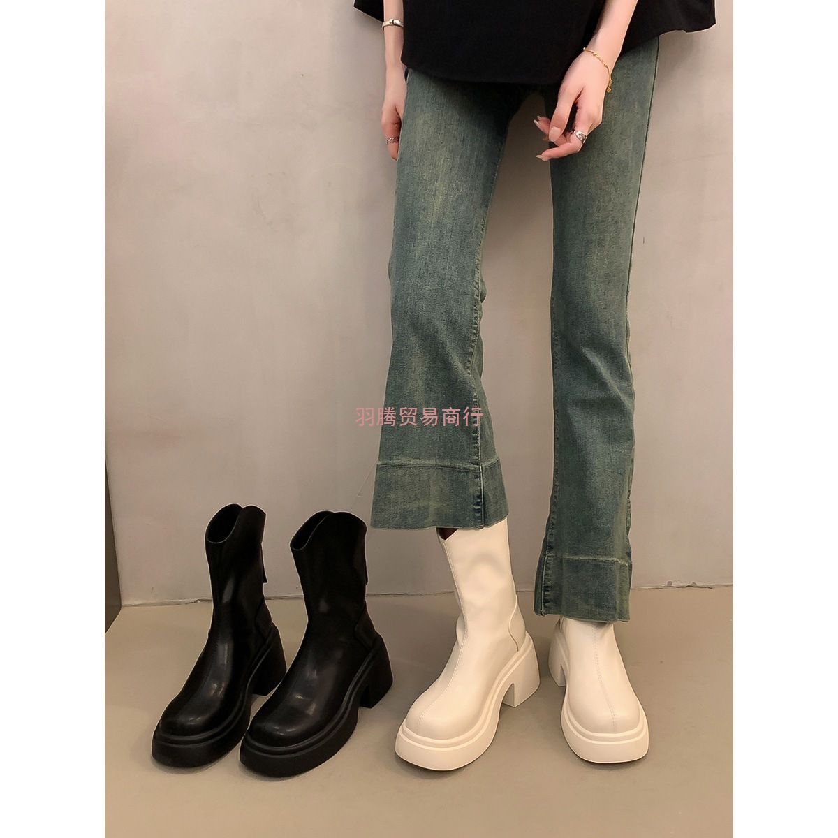 不过膝长靴女鞋秋冬季新款V口增高粗跟瘦瘦短靴子高筒厚底骑士靴