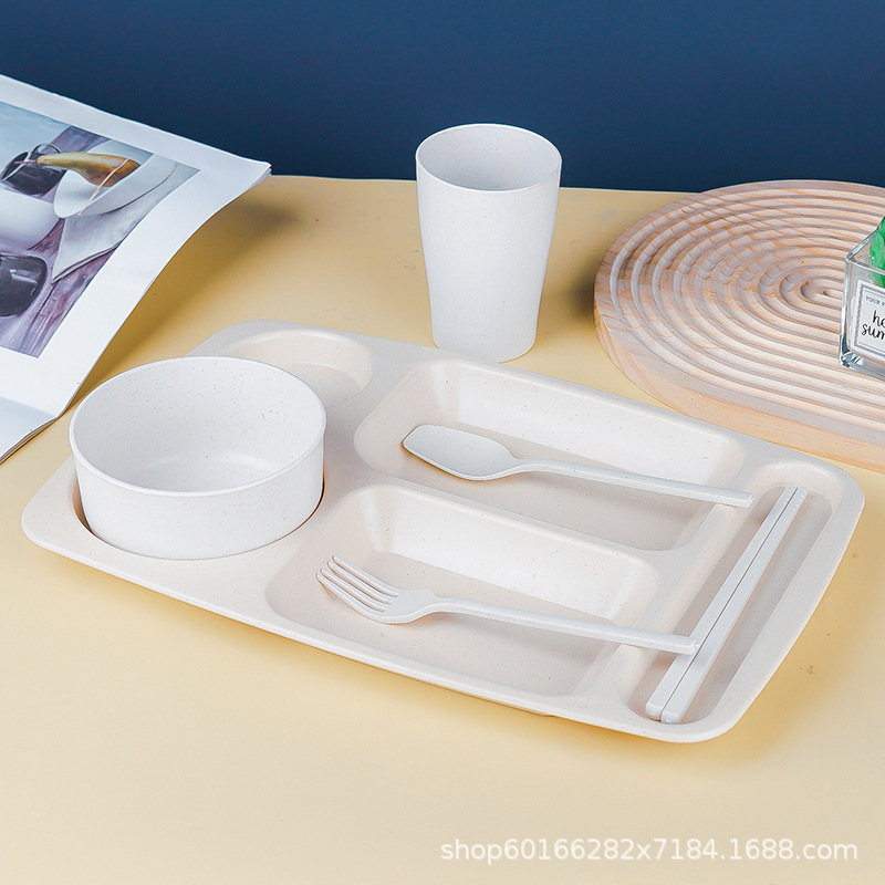 Wheat straw plate student lunch plate canteen drop-proof plastic bowl cup plate tableware suit factory wholesale