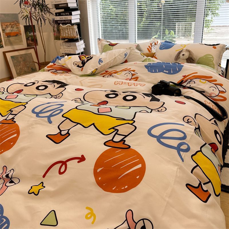 Meng Meng Da ins Cartoon Crayon Small New Washed Cotton Bed Four-piece Set Student Quilt Cover Bed Sheet Dormitory Three-piece Set