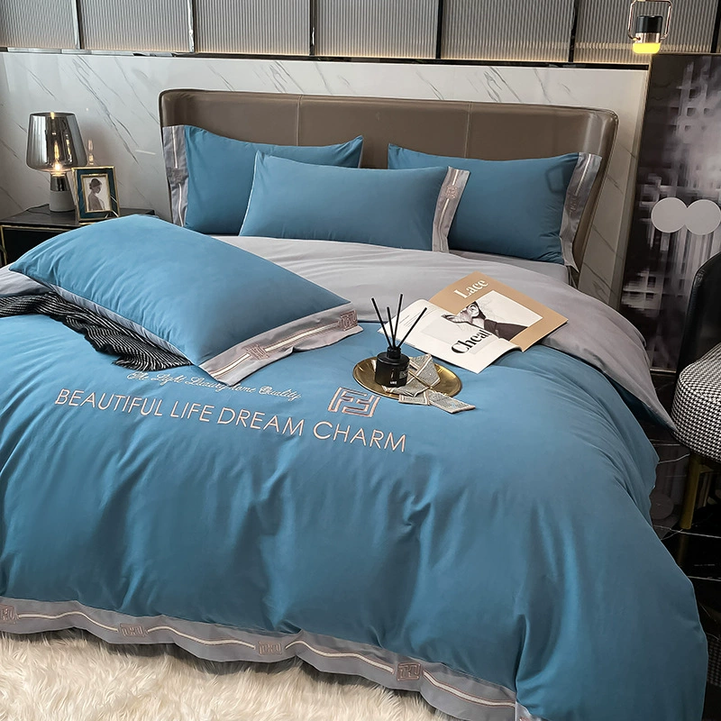 Утолщенный однотонный комплект из четырех предметов с вышивкой из чистого хлопка, осенне-зимний комплект постельного белья из чистого хлопка, простыня, легкий роскошный комплект постельного белья из четырех предметов