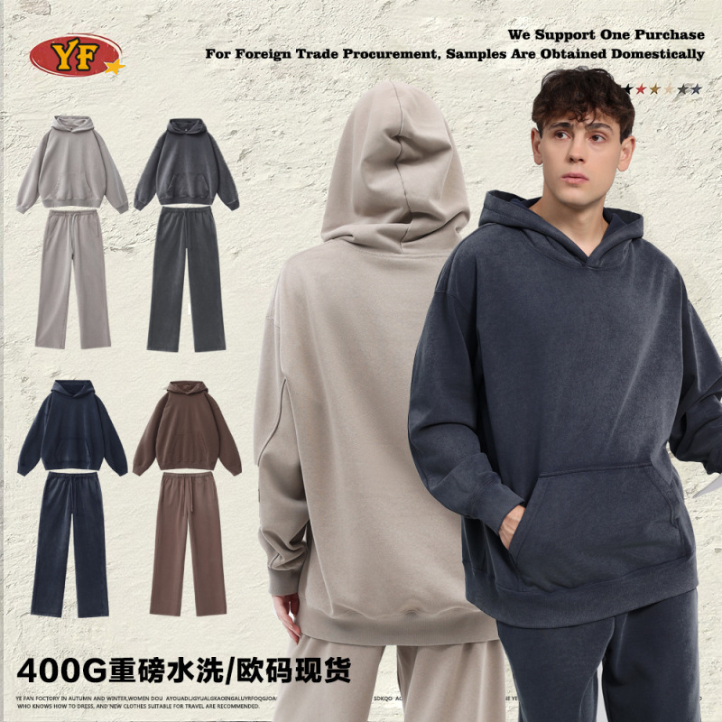 Retro Hoodie Heavy Washed Distressed Hooded Sweatshirt and Sweatpants Autumn and Winter European and American Retro Casual Hoodie