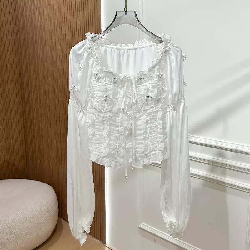 2025年夏季新款减龄抽褶显瘦长袖重工通勤OL气质白色衬衫上衣女