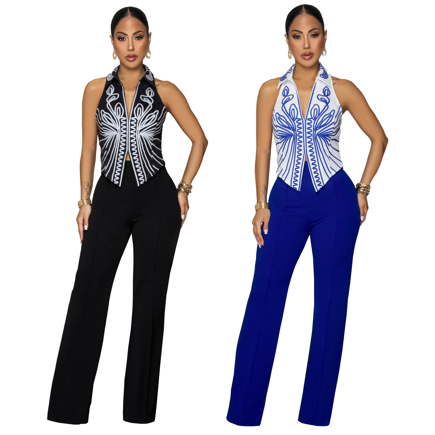 C7452 Cross-border AliExpress Amazon Moda europea y americana Ropa de mujer Temperamento Elegante top estampado Pantalones de dos piezas