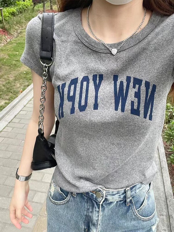 BM style gray NEW YORK letter NEW YORK short sleeve women's summer shoulder round neck T-shirt Street short top ins BM style gray NEW YORK letter NEW YORK short sleeve women's summer shoulder round neck T-shirt Street short top ins