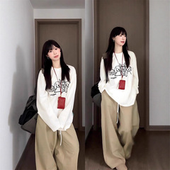 纯棉字母小狗长袖T恤女秋季百搭慵懒风设计感小众韩系打底衫上衣