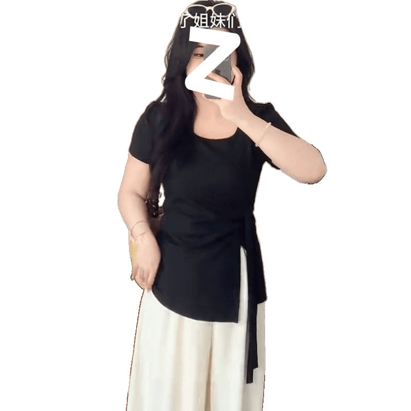 プラスサイズ夏スリムイエロースクエアカラー半袖Tシャツ2025スリムデザイン新しいウエストスリットトップファットmm|undefined
