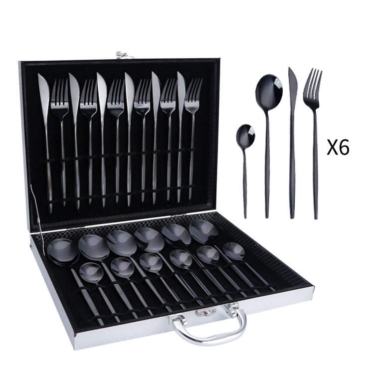 Juego de vajilla occidental Juego de 24 piezas de acero inoxidable portugués Cuchillo de carne de estilo europeo, tenedor y cuchara traje de caja de regalo