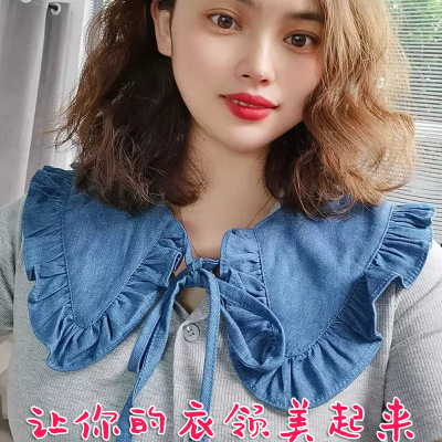 韩国东门秋季新款时尚气质娃娃领假领子荷叶边系带小披肩牛仔假领|ms