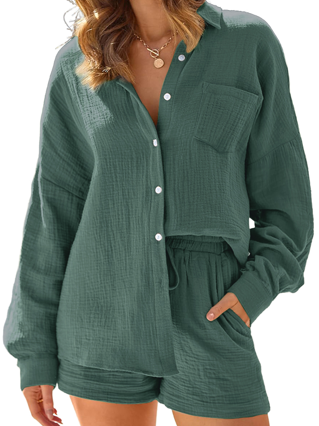 Women's Wrinkle Textured Button-Down Shirt With Relaxed Shorts Set - Casual & Office Wear Soft Stretch Comfort_ecoleips.com