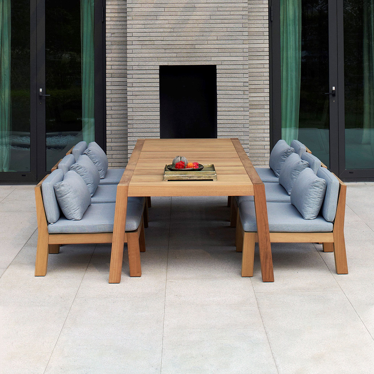 Mesa y silla de teca al aire libre patio al aire libre jardín impermeable muebles de ocio villa diseñador de protección solar mesa larga de madera maciza