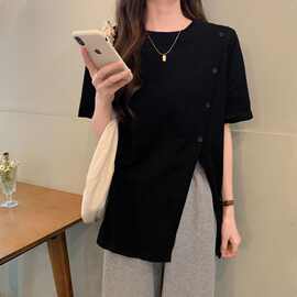 韩版宽松慵懒风短袖T恤女夏季大码女装胖MM遮肉显瘦斜扣开叉上衣