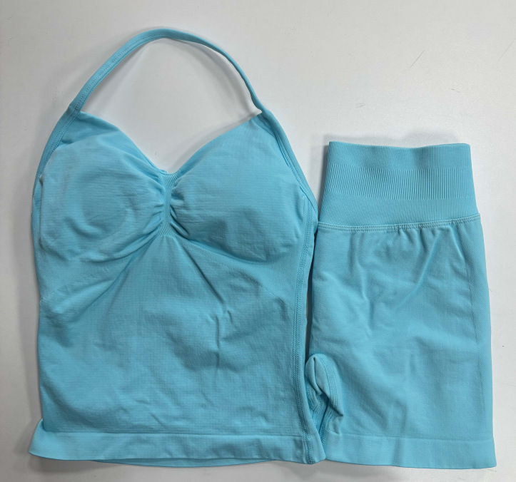 Conjunto DF Amazon pantalones cortos explosivos sujetador pequeño alto elástico superfino nailon halter cuello hermoso chaleco deportivo trasero