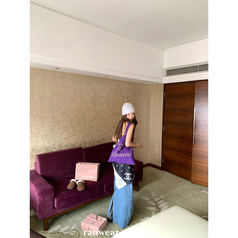 Ranwear撞色刺绣百搭帆布袋小清新紫色单肩大容量慵懒通勤托特包|undefined