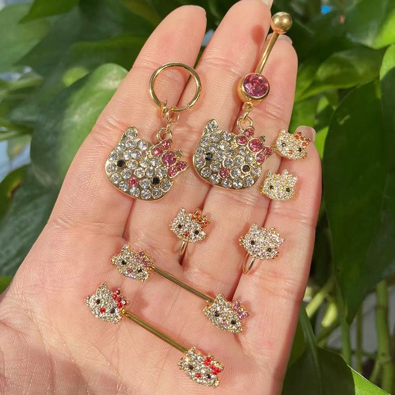 Bibi europeo y americano transfronterizo gato cabeza ombligo anillo nariz Stud oído espárragos nariz clip no agujero punción joyería nicho joyería en stock