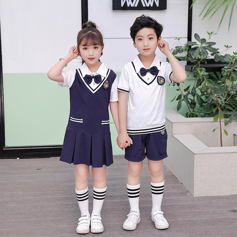 Pink bear elementary school class uniform, plaid British preppy style kindergarten uniform summer set for boys and girls
