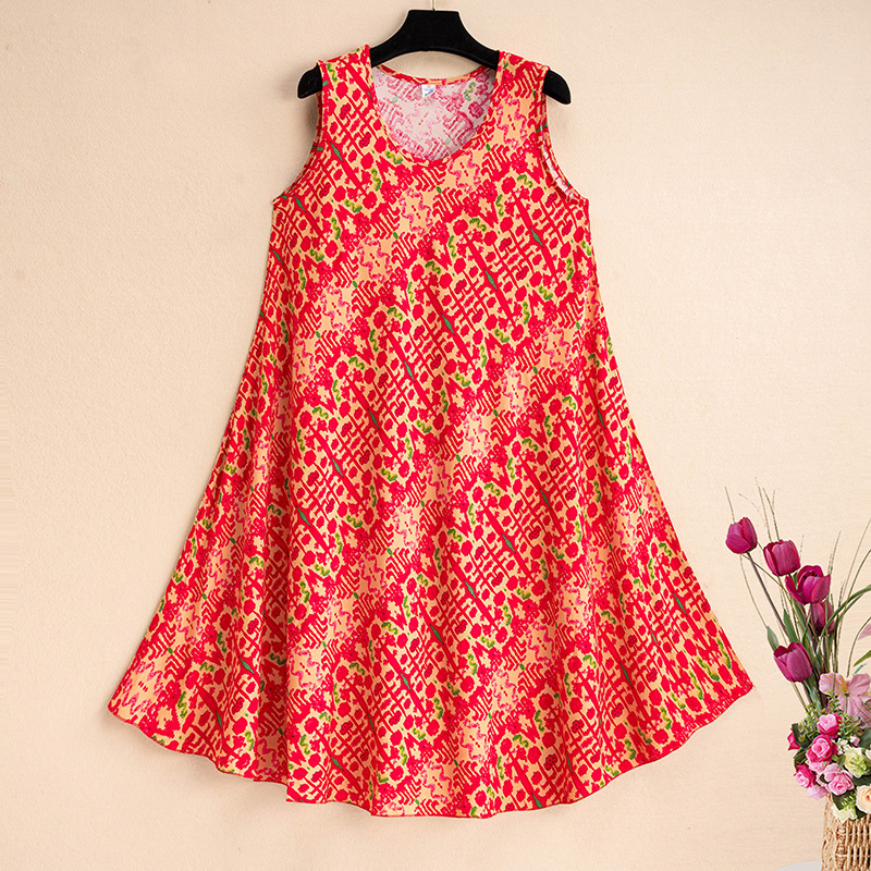 Cotton Silk Dress for Middle-Aged and Elderly Women Aged 50 to 60, Plus Size for Chubby Moms, 100kg Body-Covering Dress