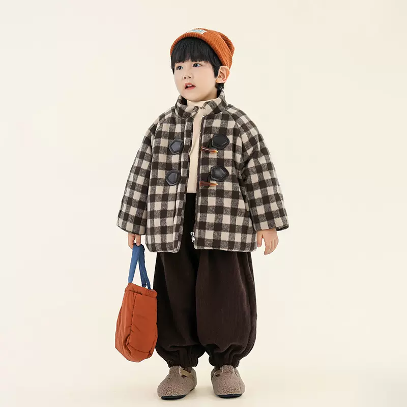 畅果童装男童棉服冬装儿童复古格子棉衣中小童加厚羊角扣立领棉袄