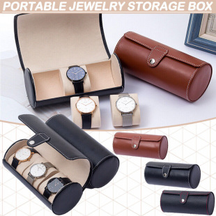 Cylindrical travel portable watch tie storage box PU leather three-position flip Watch Gift Box storage jewelry box