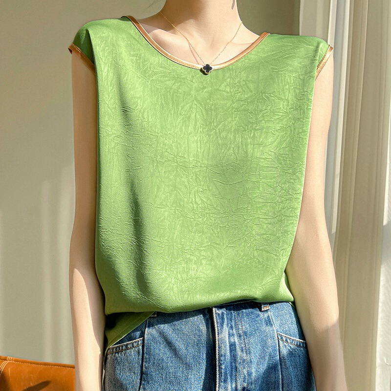 Cross-Border 2025 Ice Silk Women's New Round Neck Sleeveless Color Matching Suspender Solid Color Top Vest Clothing Summer Loose Cross-Border 2025 Ice Silk Women's New Round Neck Sleeveless Color Matching Suspender Solid Color Top Vest Clothing Summer Loose