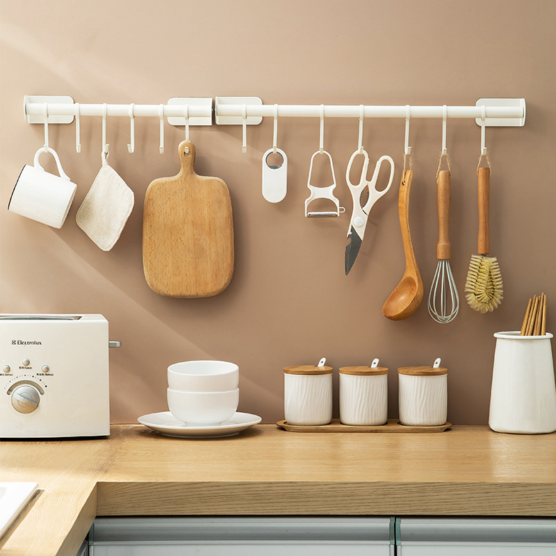 Kitchen Wall Hanging Rack Non-perforated Seamless Storage Rack with Hook Kitchen Storage Nail-free Wall Hanging Rod