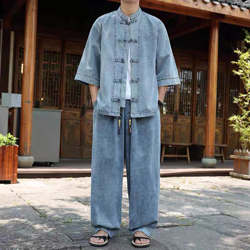 夏季中国风男装牛仔七分袖衬衫盘扣立领上衣宽松大码男休闲两件套|undefined
