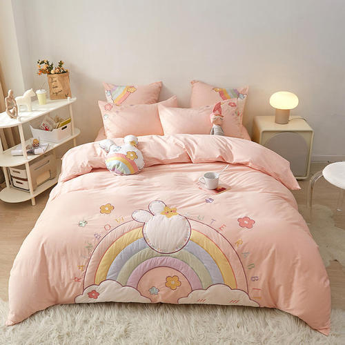 Small and Fresh 100% Cotton Embroidered Quilt Set for Kids - Four-Piece Bedding Set with Fitted Sheet