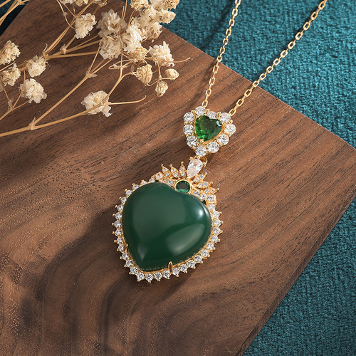 New Chinese Fashion Natural Ice Species Yang Green Agate Pendant Embedded with Emerald A-Jade Jadeite Plain Pendant Necklace
