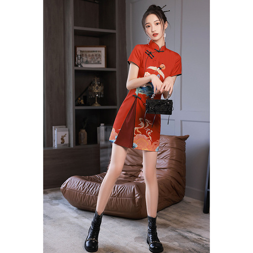  Chinese dress Retro Chinese Dresses Qipao Side slit Asian Theme Party Cosplay Dresses for women girls paragraphs short improved red young girl