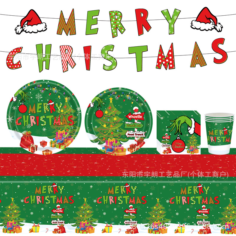 New Cartoon Christmas Grinch Themed Children's Birthday Party Decoration Supplies Paper Plate Holiday Decoration Set