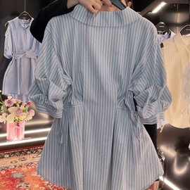 韩系潮流时尚烫钻条纹衬衫女夏季新款仙名媛休闲百搭衬衣潮