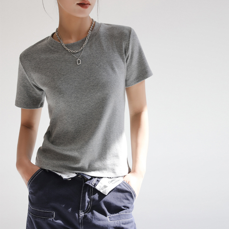 Selección estricta verano estilo coreano roscado Algodón color sólido hombro manga corta Camiseta de mujer suelta estilo simple parte superior de fondo image 10