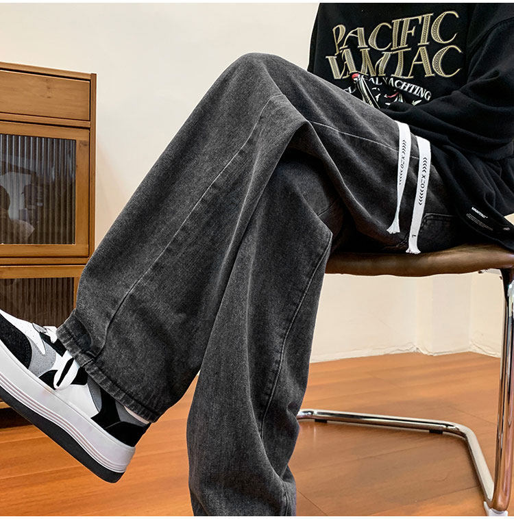 Men's Summer Elastic Waist Straight Leg Jeans Trendy Retro Japanese Style Casual Slimming Wide Leg Trousers_mkmklike.com