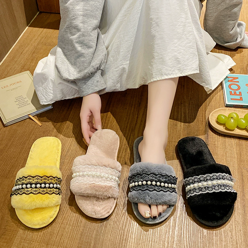Ins шерстяные тапочки женские Осень и Зима Новая мода принцесса кружева Жемчуг крытый и открытый плоский открытый носок дома хлопок