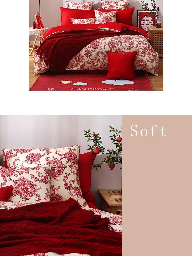 Red duvet, sofa, knitted cloak