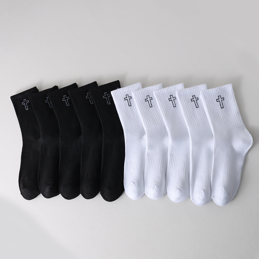 양말 남성 중통 양말 춘추 십자가 심플 백벌 여성 스타킹 크로스보더 히트
