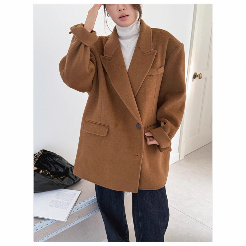 25 New Style Boyfriend-Style Wide-Cut Suit-Style Color-Blocking Design Double-Sided Hand-Stitched Wool Coat for Women