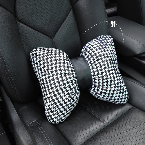 Car headrest, bow fashion houndstooth in-car neck pillow, creative all-season car lumbar support