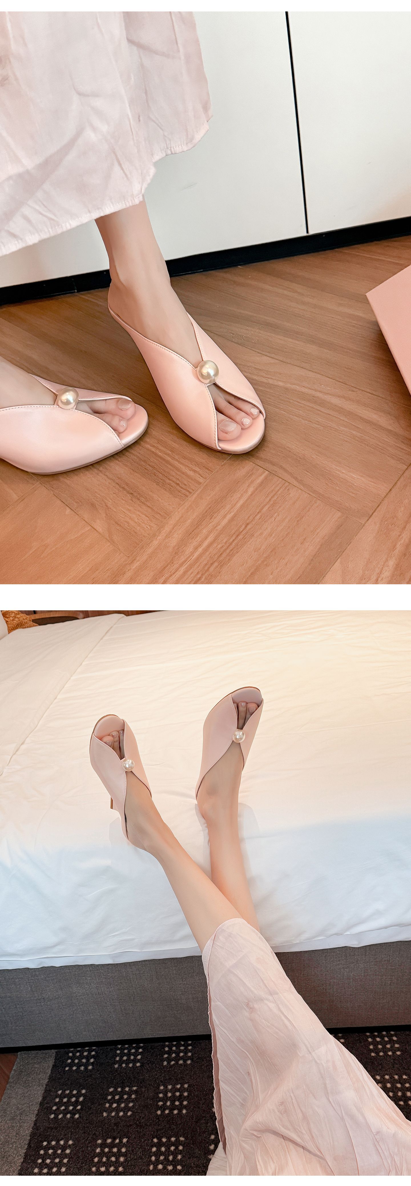 Sandal cao gót nữ hở mũi phong cách Chanel, gót xuồng 7 cm, quai ngang, đi biển hè — màu đen, màu hồng, màu trắng chi tiết 18