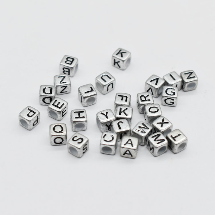 6mm silver black letter beads square beads English letter beads acrylic beads loose beads DIY jewelry accessories