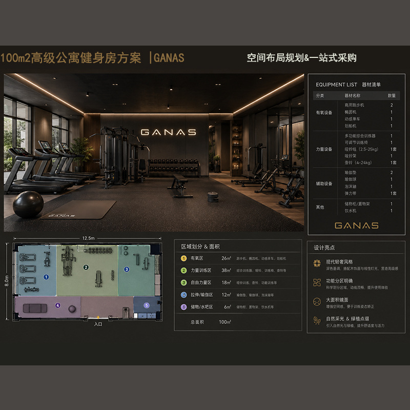 Plan de diseño y planificación de gimnasios interiores para empresas, equipos de fitness, cinta de correr deportiva comercial, venta directa de fábrica