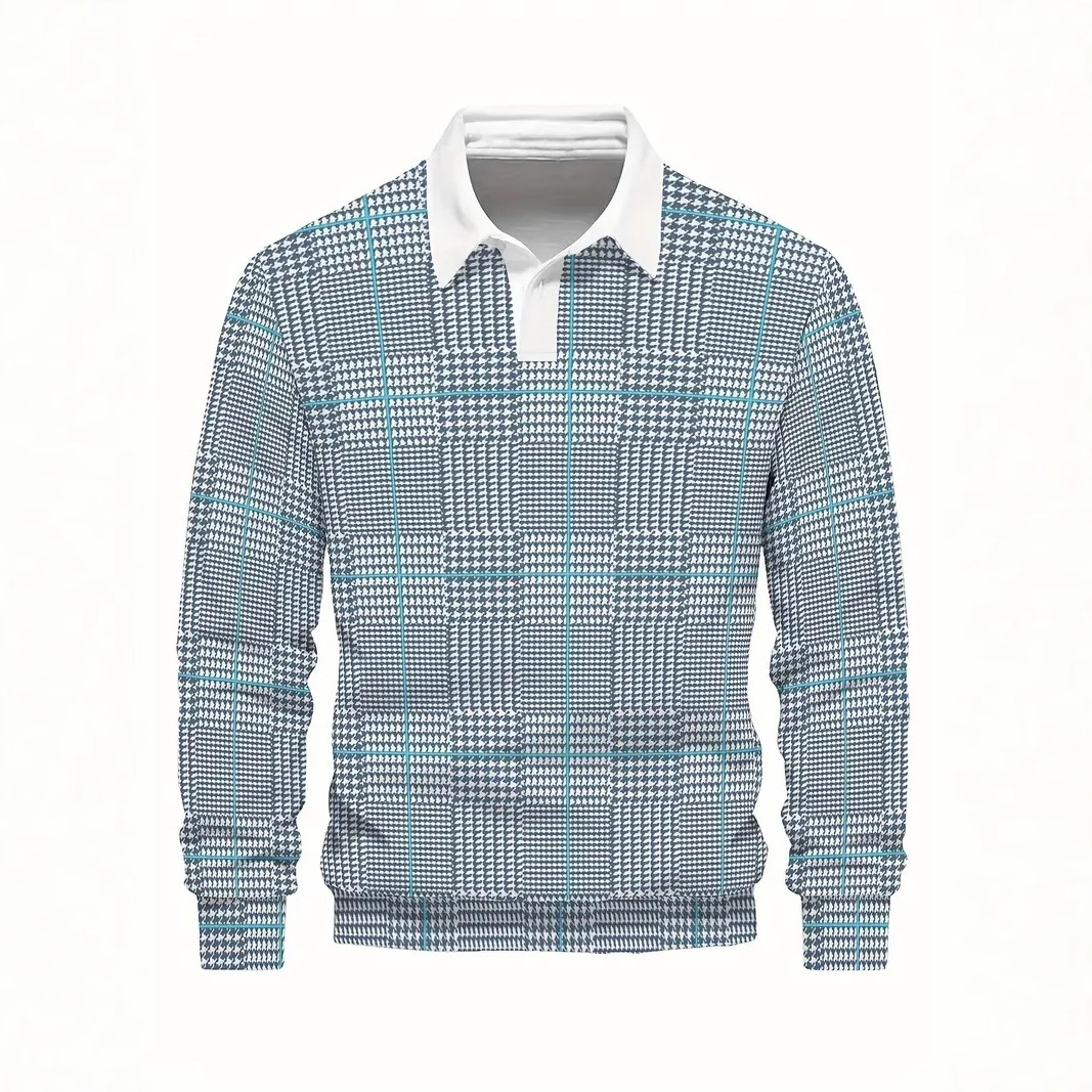 Tejido de punto retro clásico estampado 3D hombre casual de todo fósforo hombro de manga larga botón solapa jersey POLO