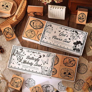 Butterfly Dance Flower Print Wooden Box Seal Cross-border Retro Butterfly Seal Cute Girl Lace Stamp