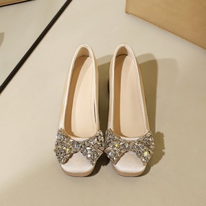 128-12 French round toe silk thick heel women's shoes with rhinestone bow, elegant shallow mouth, single order shoe